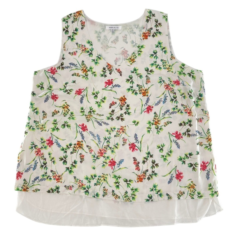 Rose + Olive Womens 2X Floral V-Neck Sleeveless Blouse White Layered‎ Hem Top - Picture 6 of 8